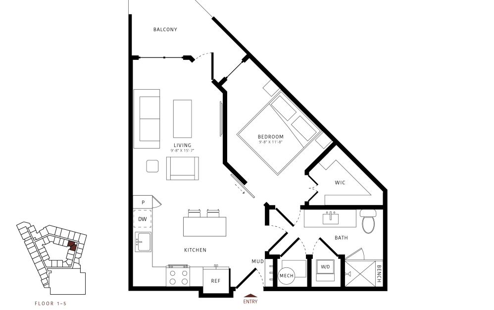 A5 - 1 bedroom floorplan layout with 1 bathroom and 603 square feet a5 floor plan