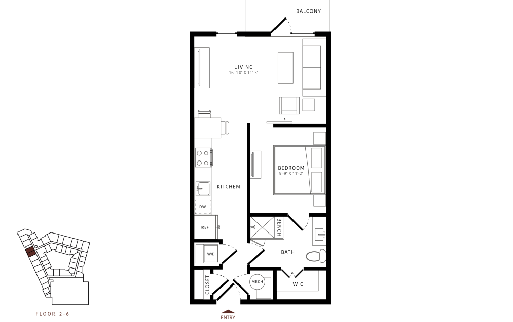 A6 - 1 bedroom floorplan layout with 1 bathroom and 630 square feet a6 floor plan