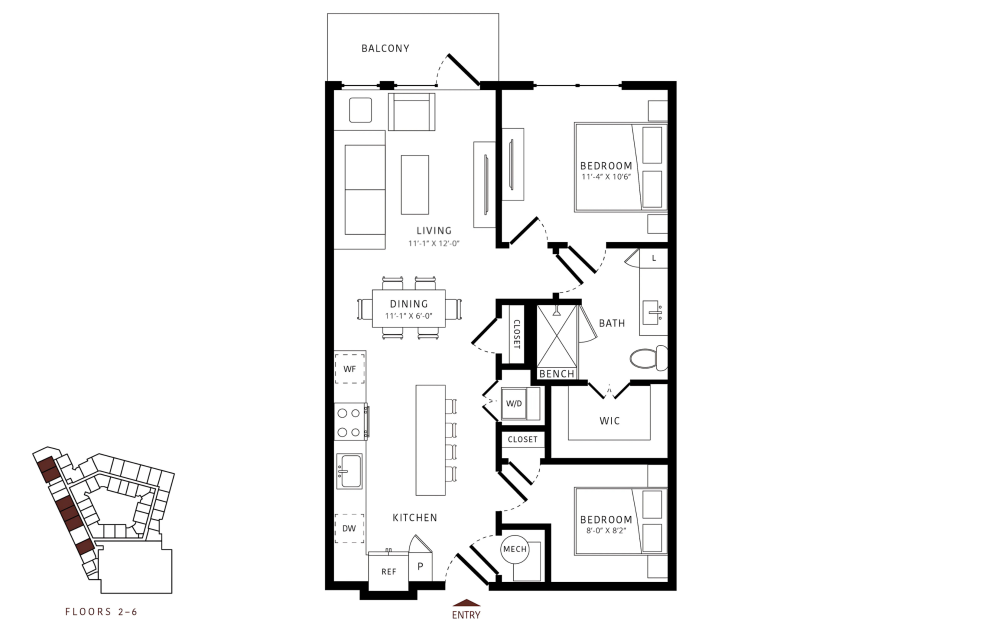 B0 - P8 - 2 bedroom floorplan layout with 1 bathroom and 842 square feet