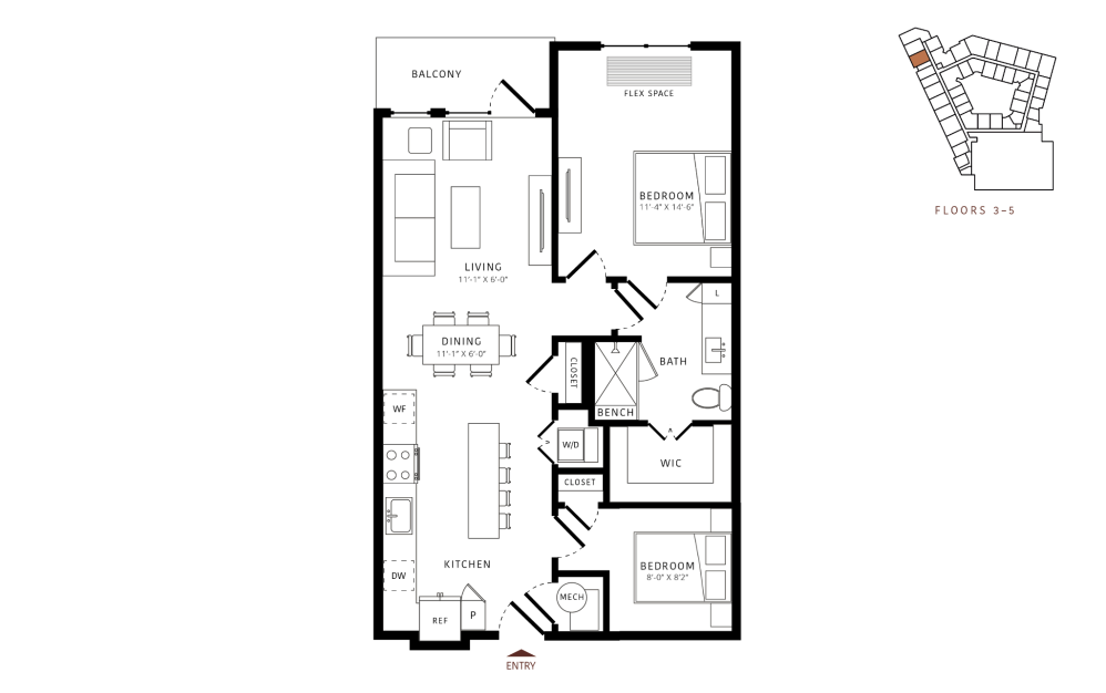 B0.1 - 2 bedroom floorplan layout with 1 bathroom and 888 square feet b0.1 floor plan image