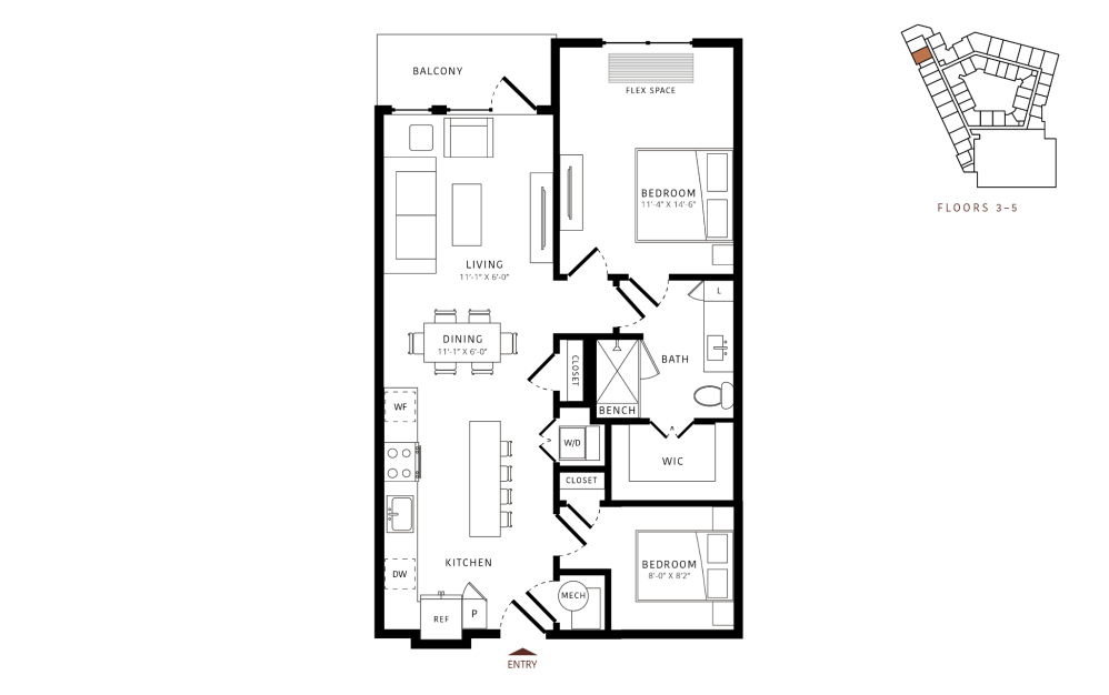 B0.1 - P8 - 2 bedroom floorplan layout with 1 bathroom and 882 square feet b0 floor plan image eh